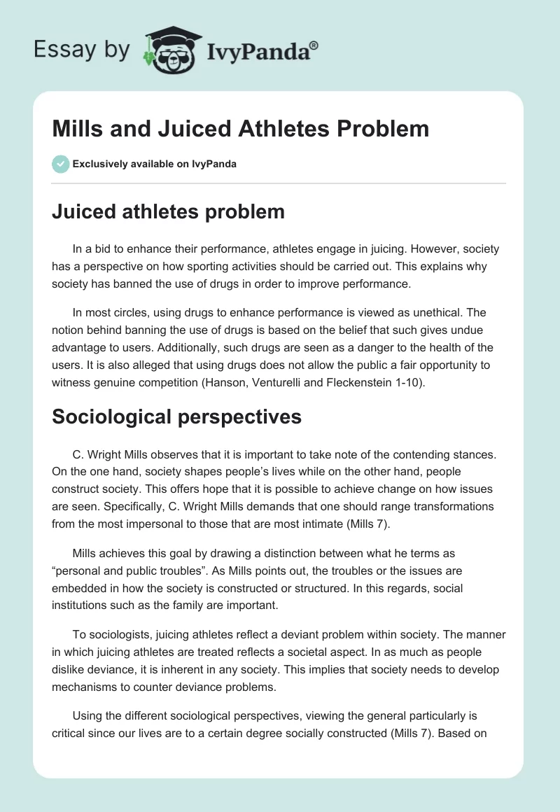 Mills and Juiced Athletes Problem. Page 1
