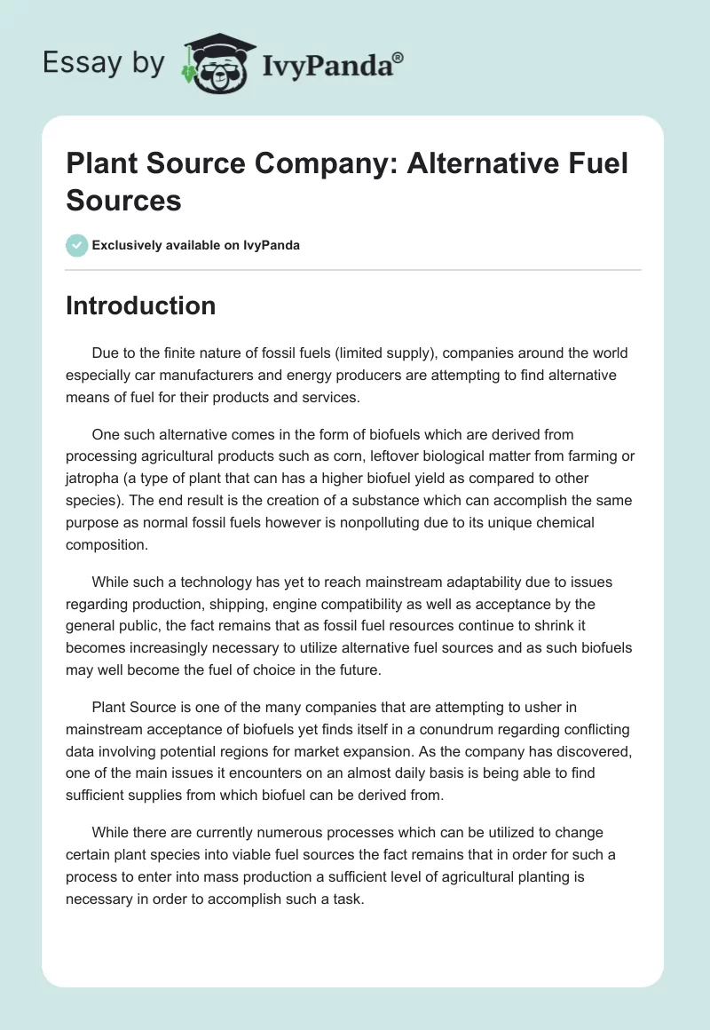Plant Source Company: Alternative Fuel Sources. Page 1