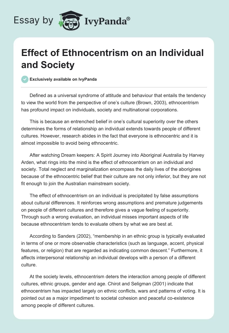 Effect of Ethnocentrism on an Individual and Society. Page 1