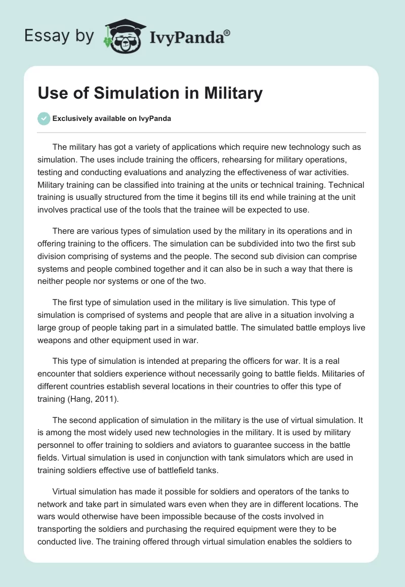 Use of Simulation in Military. Page 1
