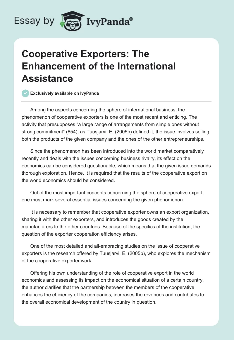 Cooperative Exporters: The Enhancement of the International Assistance. Page 1