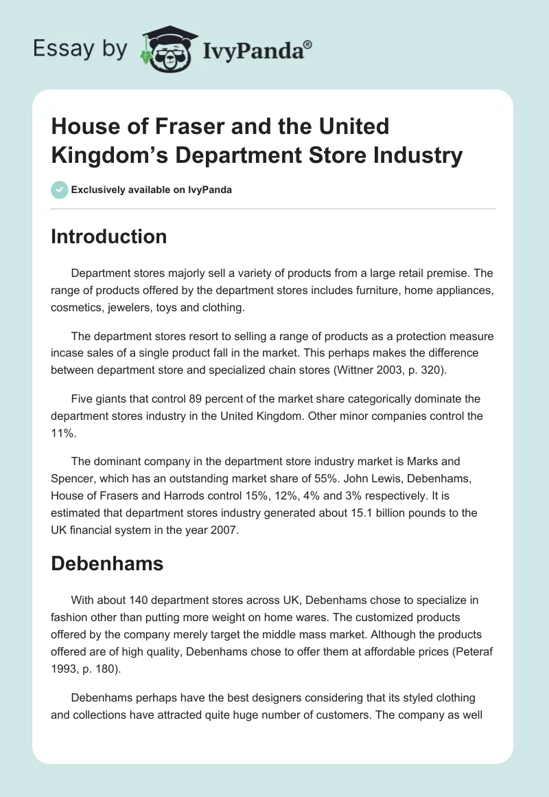 House of Fraser and the United Kingdom’s Department Store Industry. Page 1