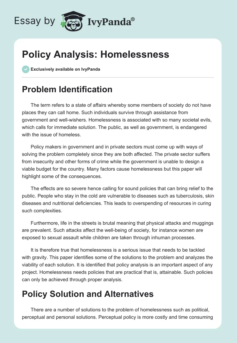 Policy Analysis: Homelessness. Page 1