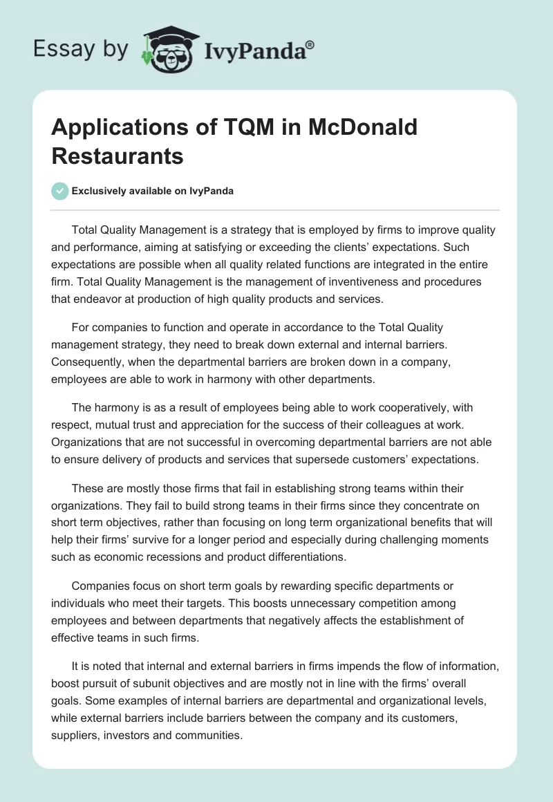 Applications of TQM in McDonald Restaurants. Page 1