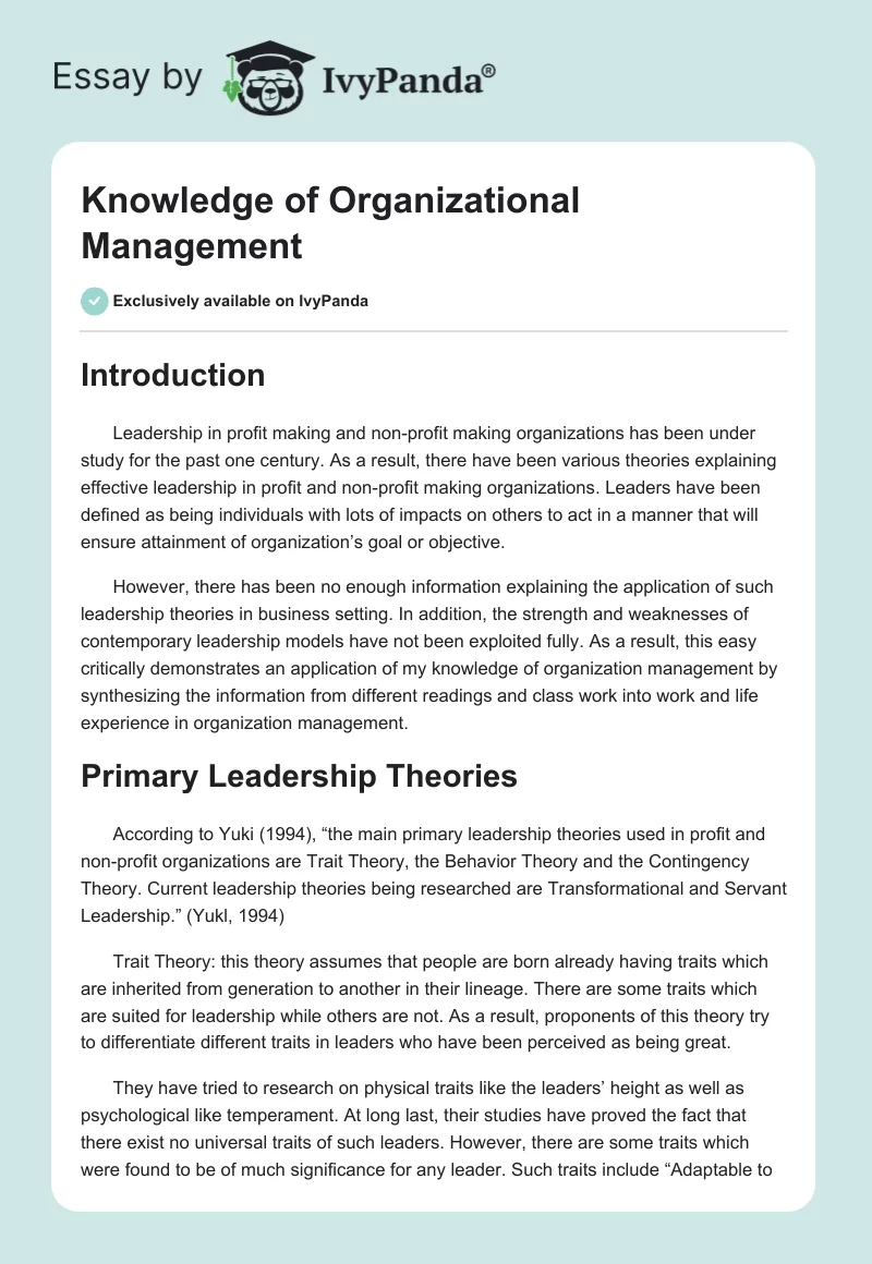 Knowledge of Organizational Management. Page 1