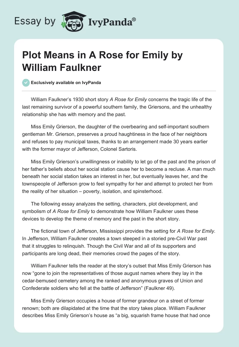 Plot Means in "A Rose for Emily" by William Faulkner. Page 1