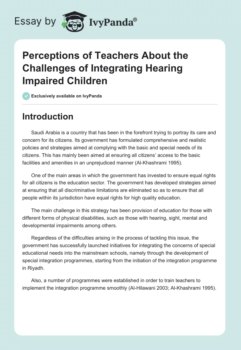 Perceptions of Teachers About the Challenges of Integrating Hearing Impaired Children. Page 1