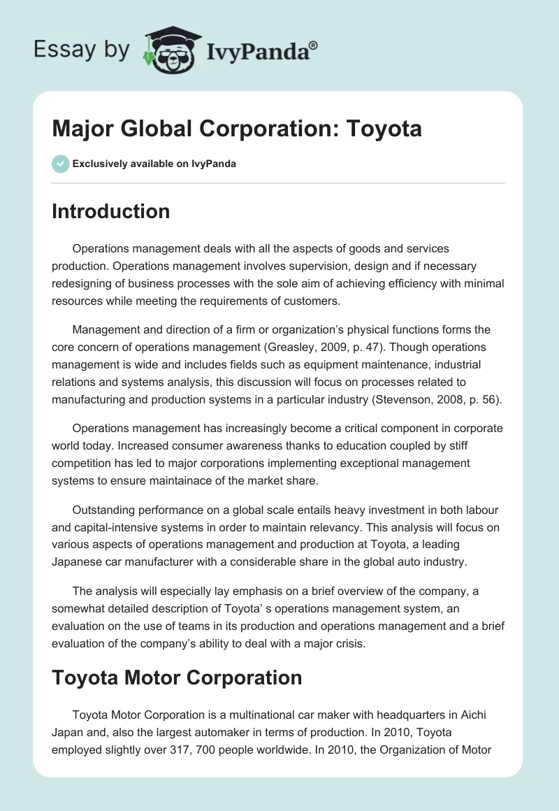 Major Global Corporation: Toyota. Page 1
