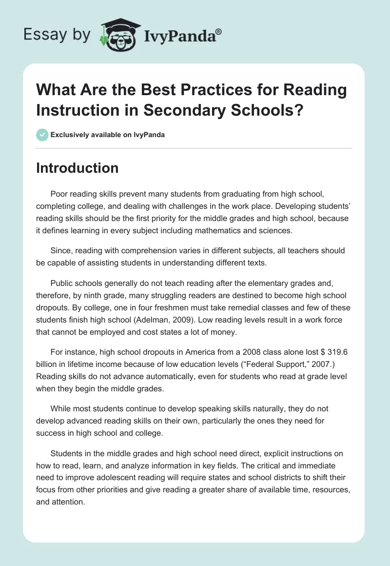 What Are the Best Practices for Reading Instruction in Secondary Schools?. Page 1