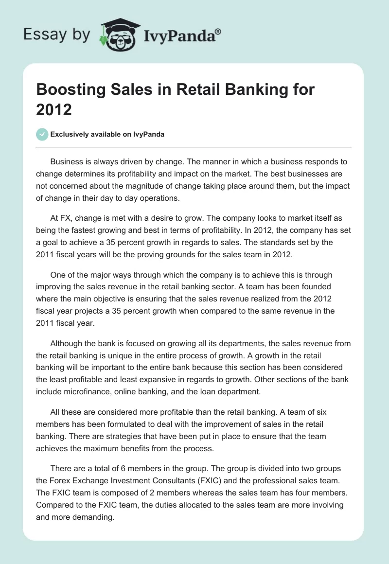 Boosting Sales in Retail Banking for 2012. Page 1