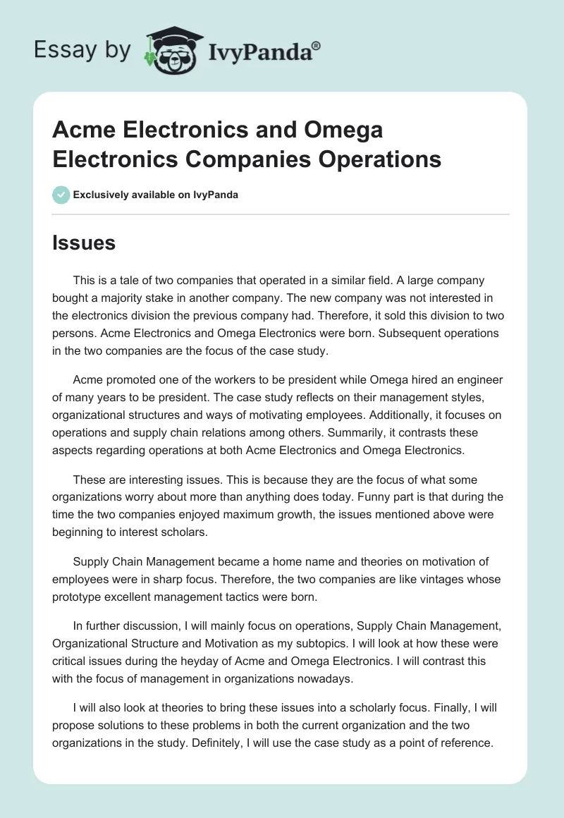 Acme Electronics and Omega Electronics Companies Operations. Page 1