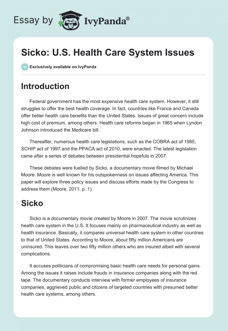 Sicko: U.S. Health Care System Issues. Page 1