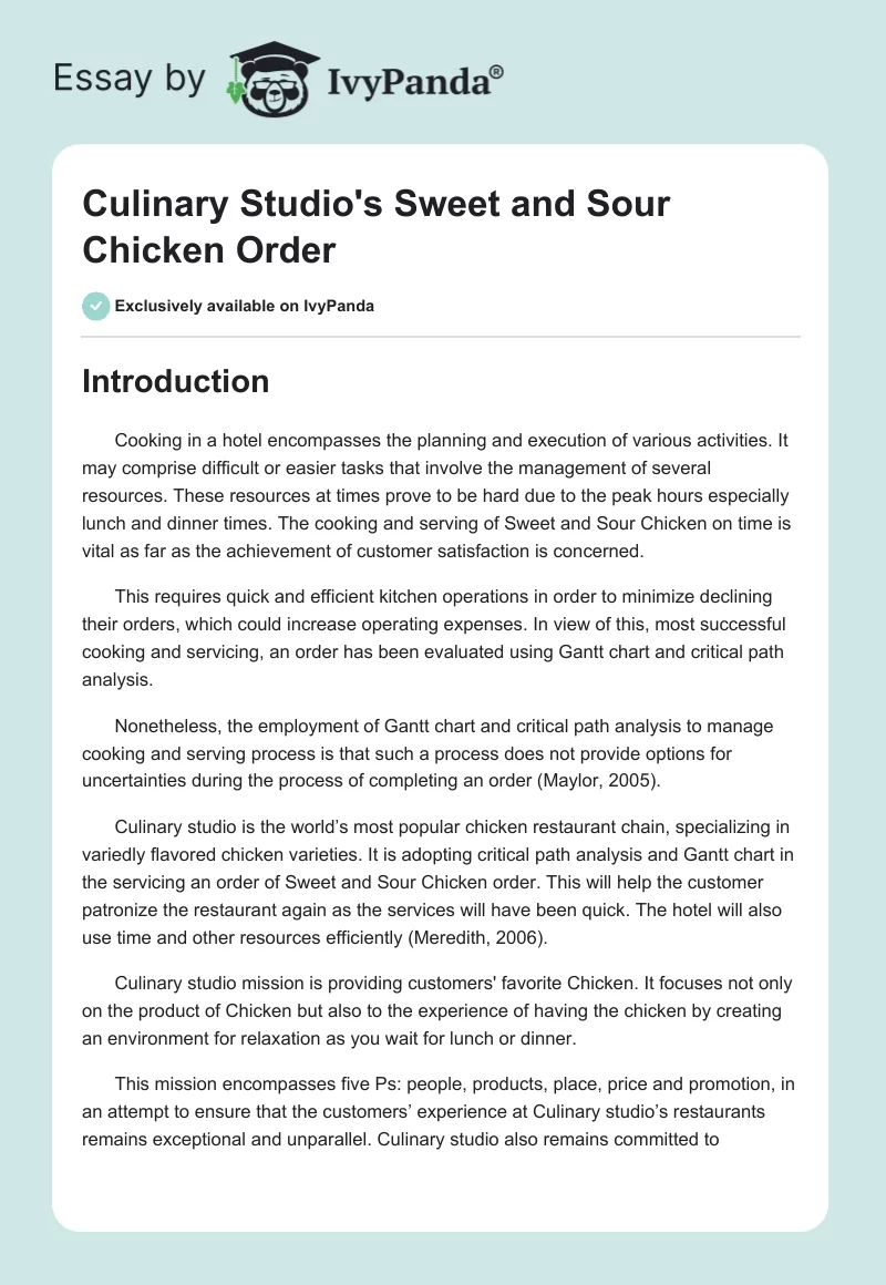 Culinary Studio's Sweet and Sour Chicken Order. Page 1