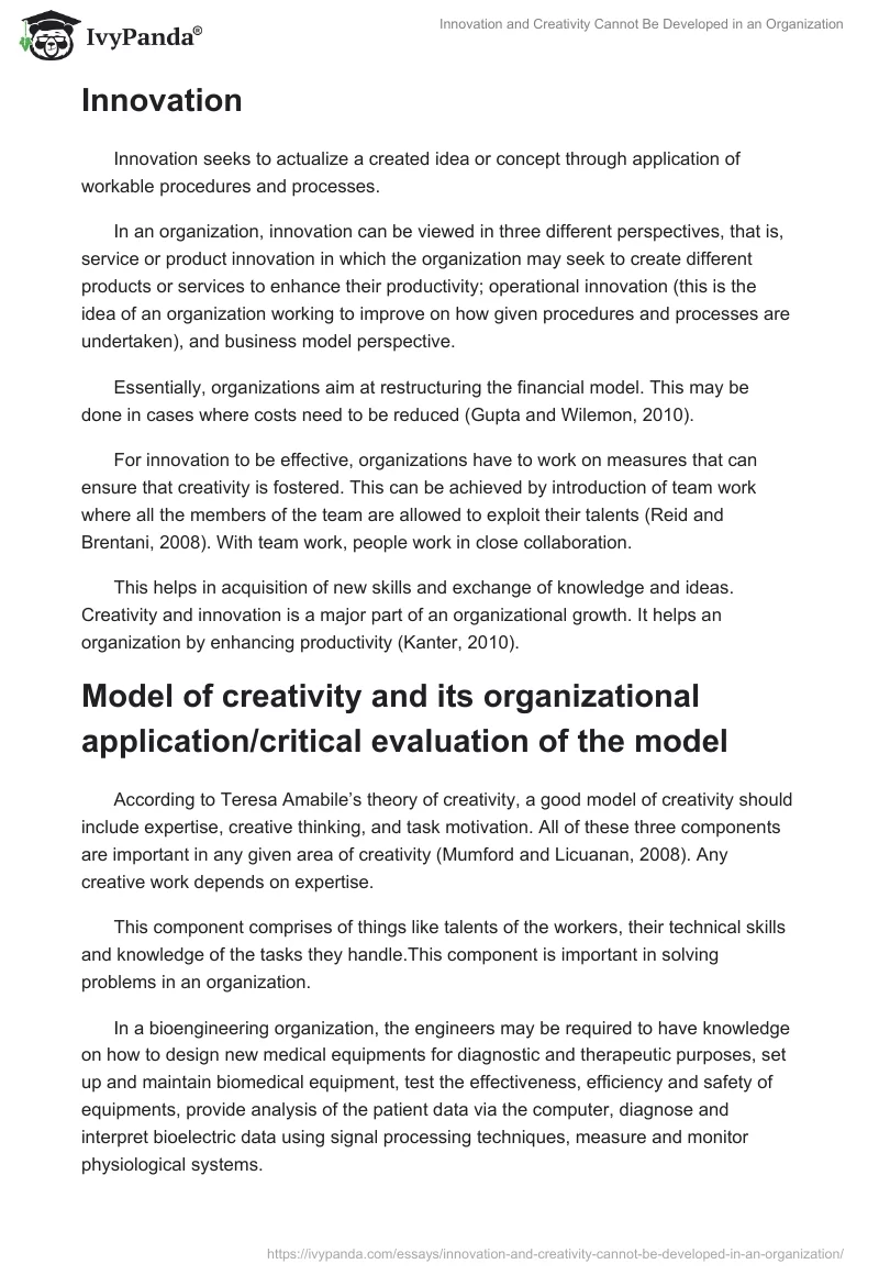 Innovation and Creativity Cannot Be Developed in an Organization. Page 2