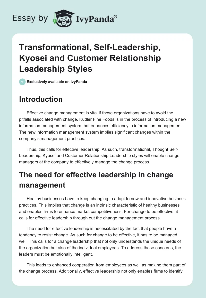 Transformational, Self-Leadership, Kyosei and Customer Relationship Leadership Styles. Page 1