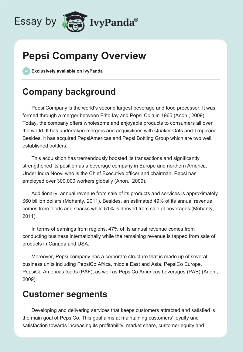 Pepsi Company Overview. Page 1