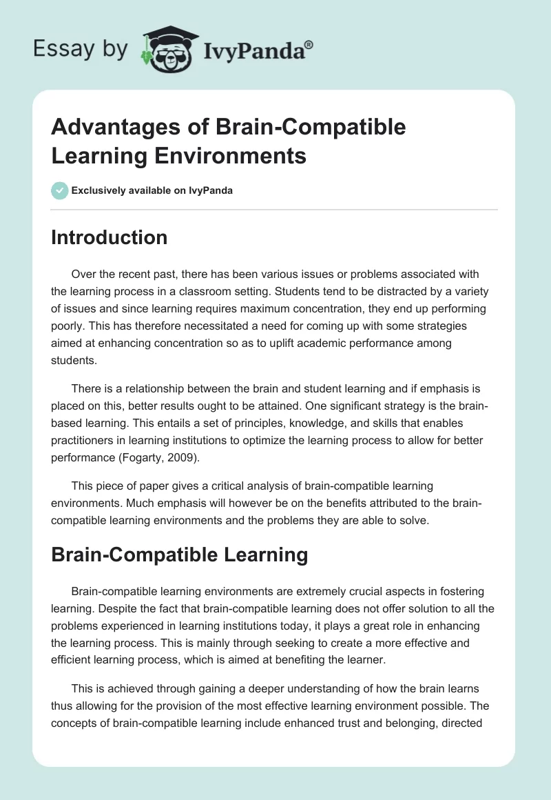 Advantages of Brain-Compatible Learning Environments. Page 1
