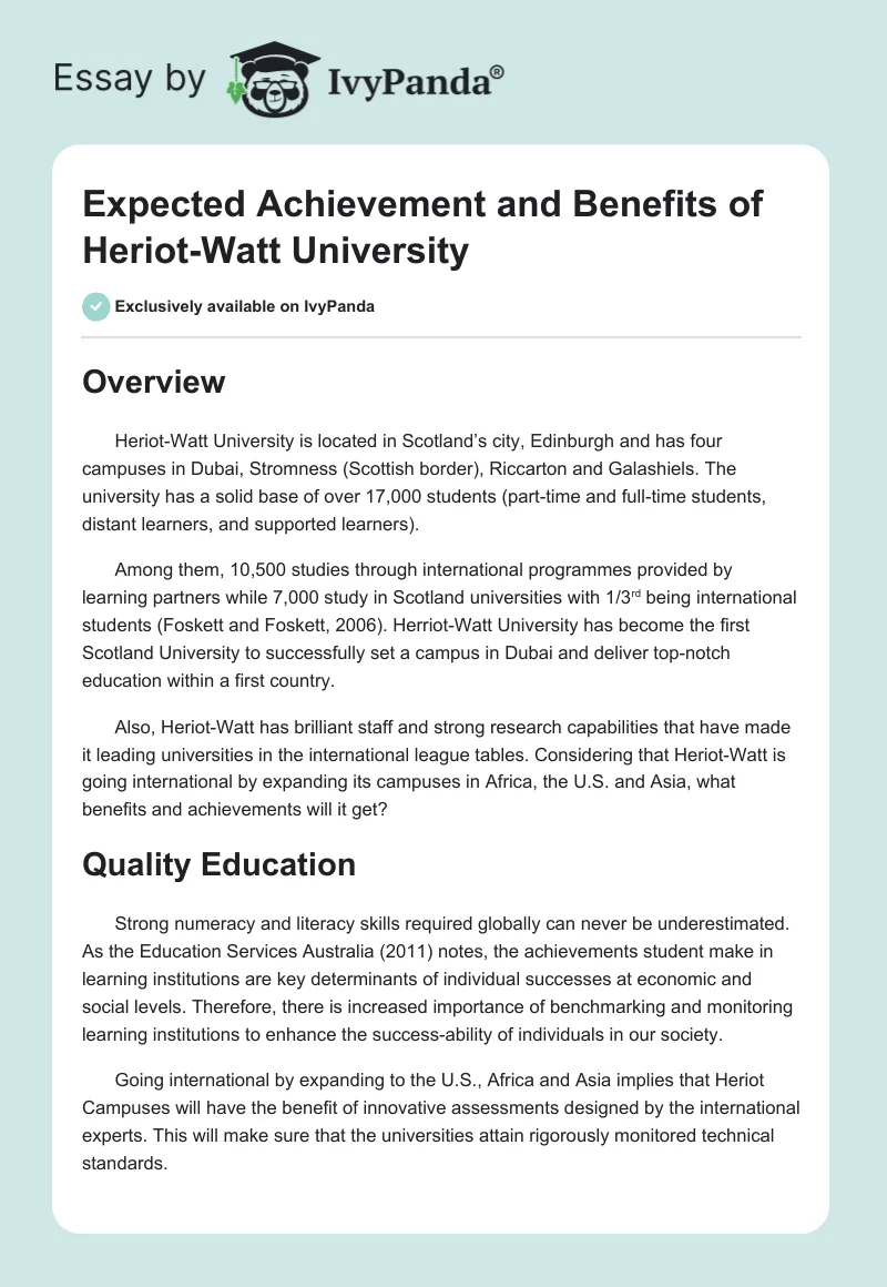 Expected Achievement and Benefits of Heriot-Watt University. Page 1