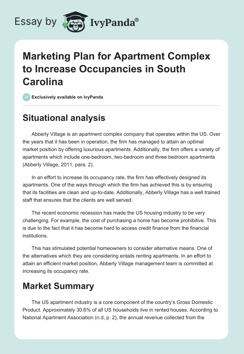 Marketing Plan for Apartment Complex to Increase Occupancies in South Carolina. Page 1
