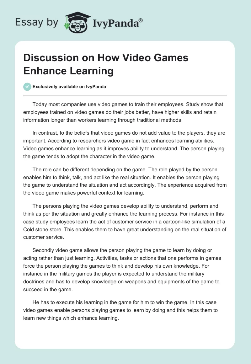Discussion on How Video Games Enhance Learning. Page 1