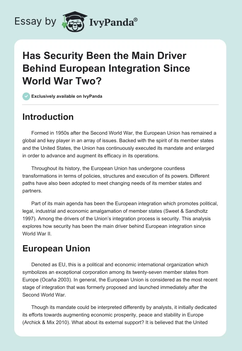 Has Security Been the Main Driver Behind European Integration Since World War Two?. Page 1