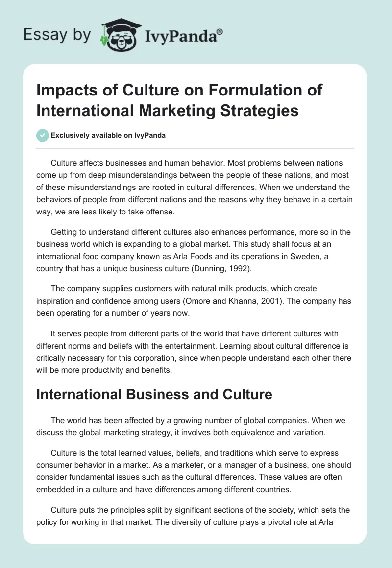 Impacts of Culture on Formulation of International Marketing Strategies. Page 1