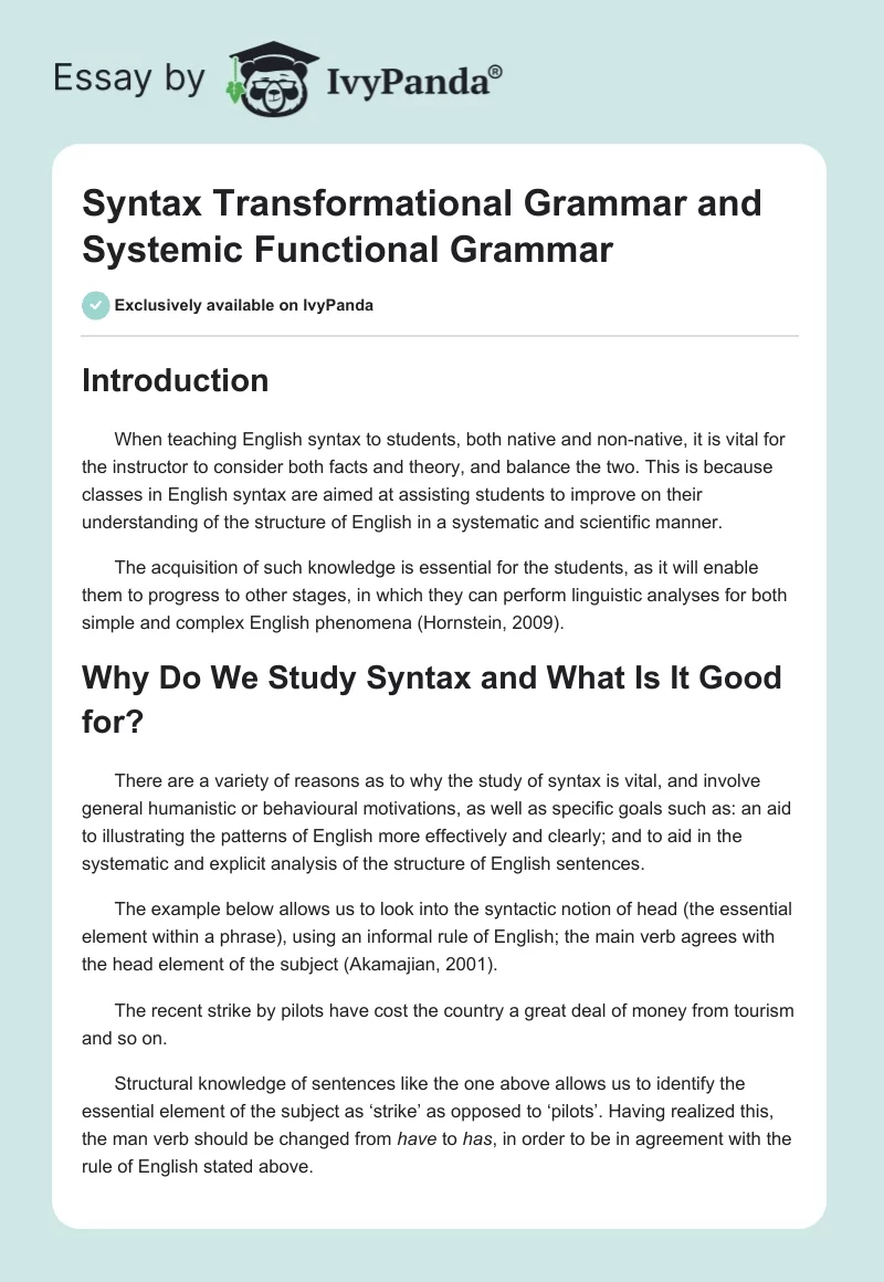 Syntax Transformational Grammar and Systemic Functional Grammar. Page 1