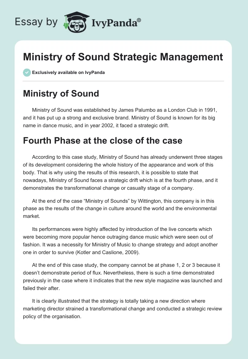 Ministry of Sound Strategic Management. Page 1