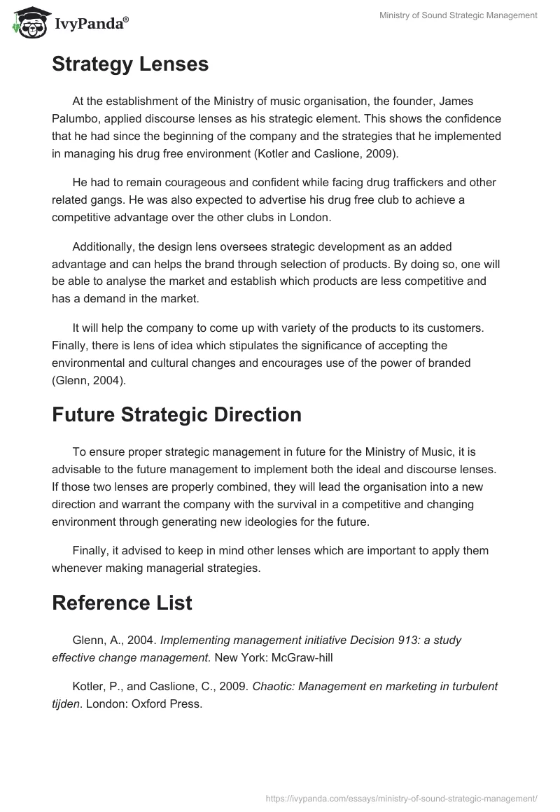 Ministry of Sound Strategic Management. Page 2