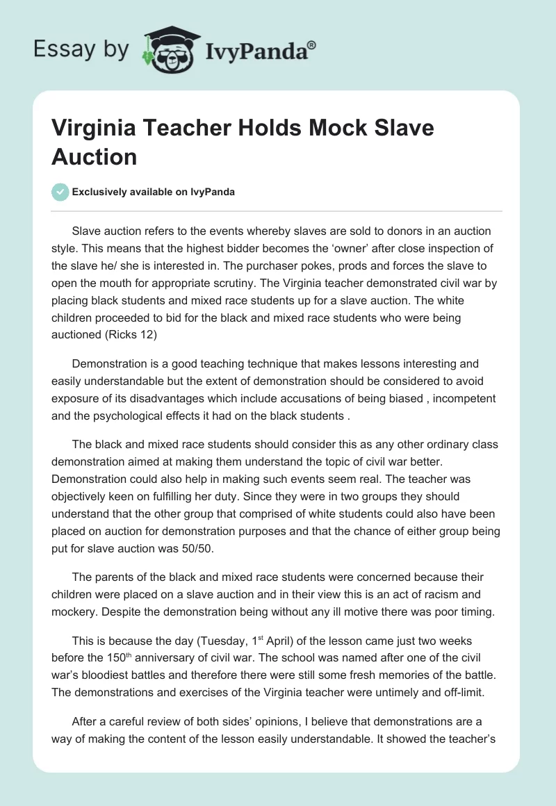 Virginia Teacher Holds Mock Slave Auction. Page 1