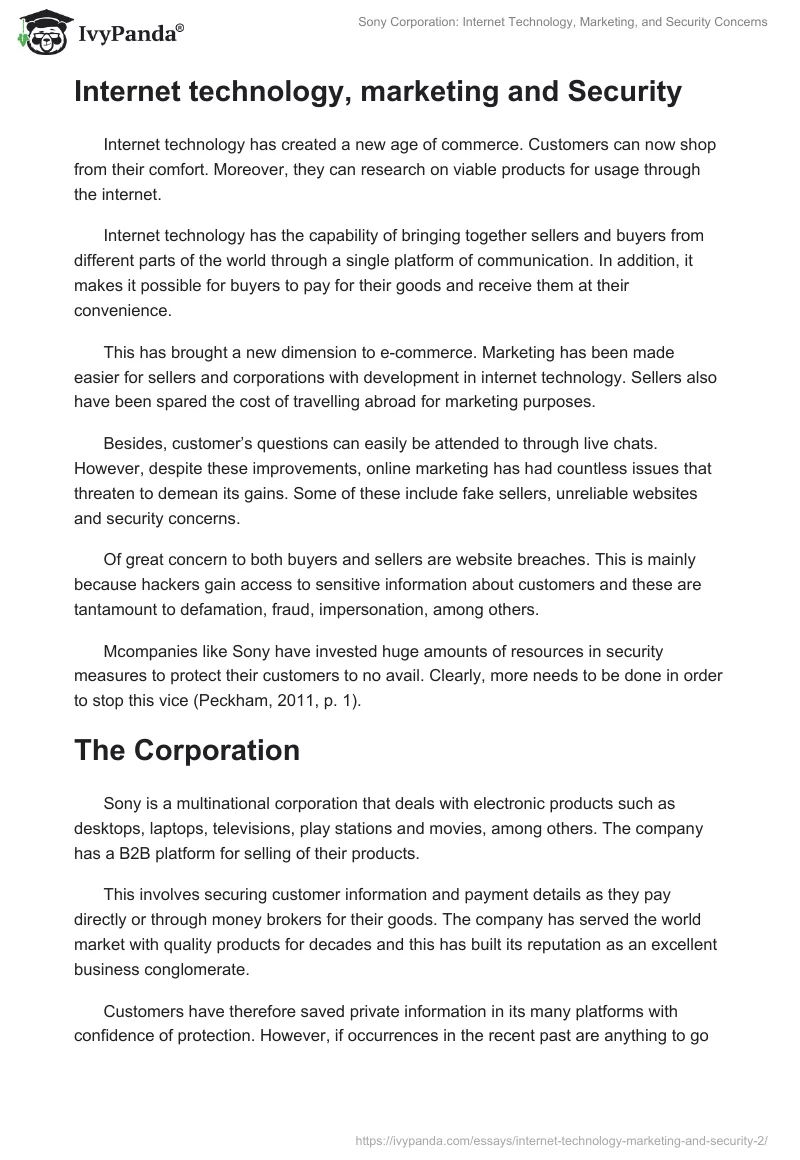 Sony Corporation: Internet Technology, Marketing, and Security Concerns. Page 2