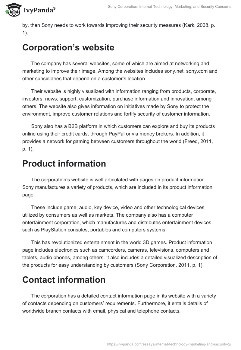 Sony Corporation: Internet Technology, Marketing, and Security Concerns. Page 3