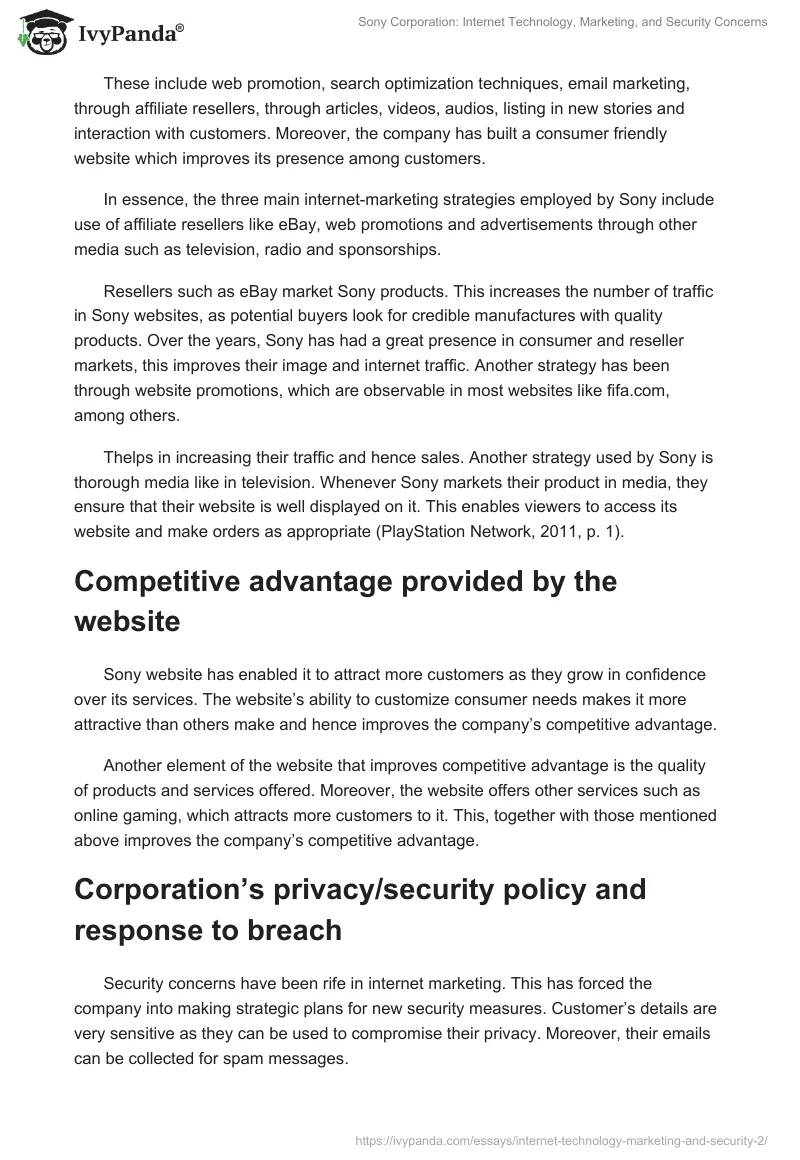 Sony Corporation: Internet Technology, Marketing, and Security Concerns. Page 5
