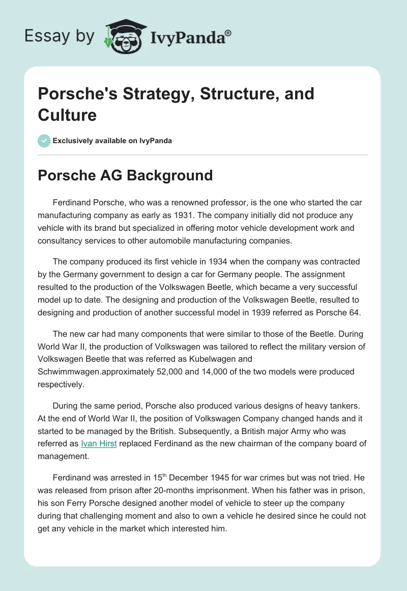 Porsche's Strategy, Structure, and Culture. Page 1