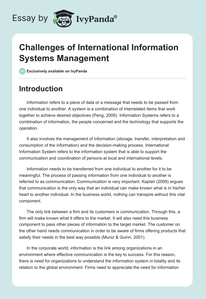Challenges of International Information Systems Management. Page 1