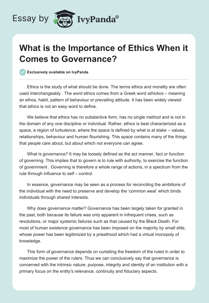 What is the Importance of Ethics When it Comes to Governance?. Page 1