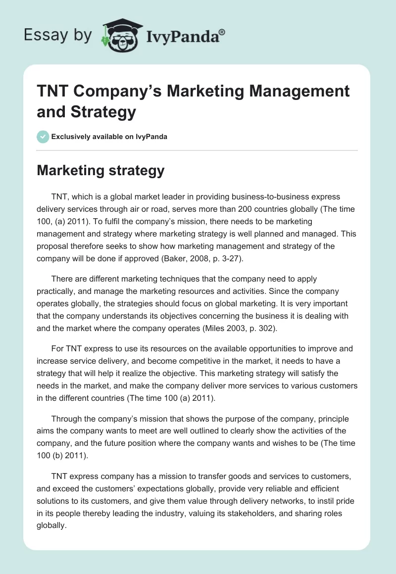 TNT Company’s Marketing Management and Strategy. Page 1