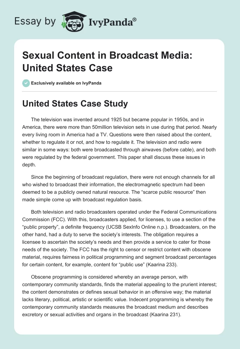 Sexual Content in Broadcast Media: United States Case. Page 1