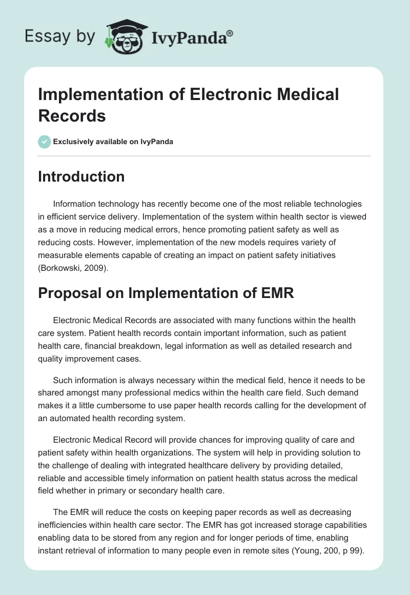 Implementation of Electronic Medical Records. Page 1