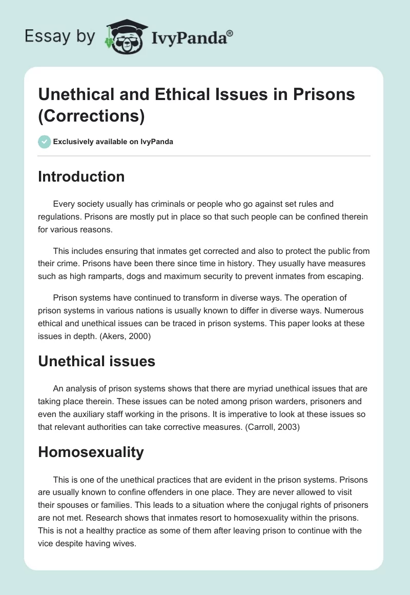 Unethical and Ethical Issues in Prisons (Corrections). Page 1