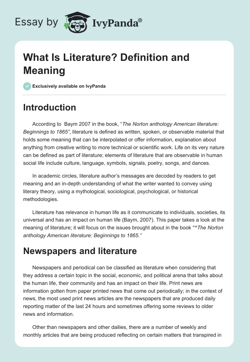 What Is Literature? Definition and Meaning. Page 1
