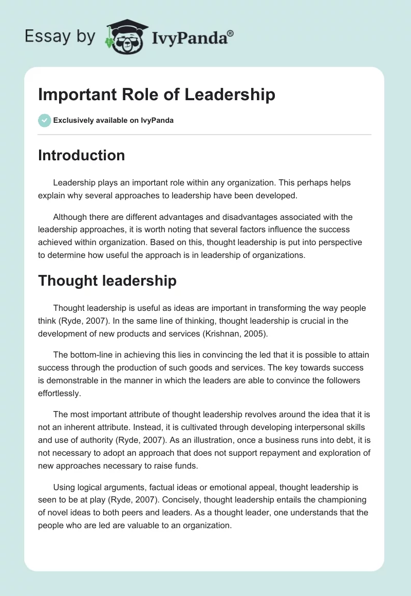 Important Role of Leadership. Page 1