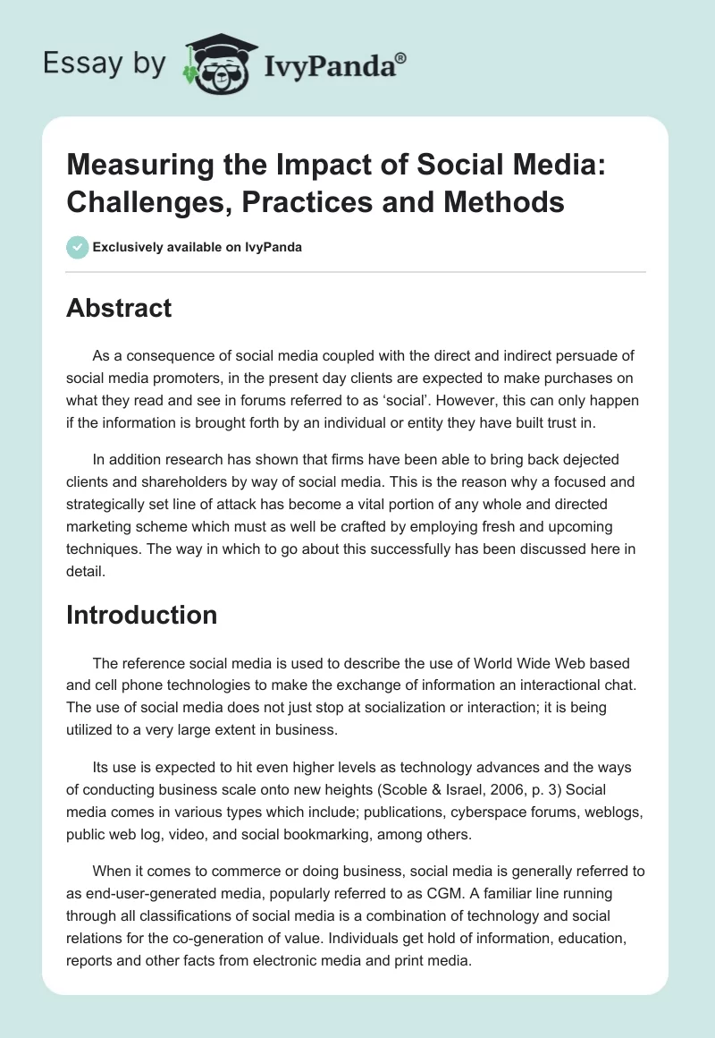 Measuring the Impact of Social Media: Challenges, Practices and Methods. Page 1