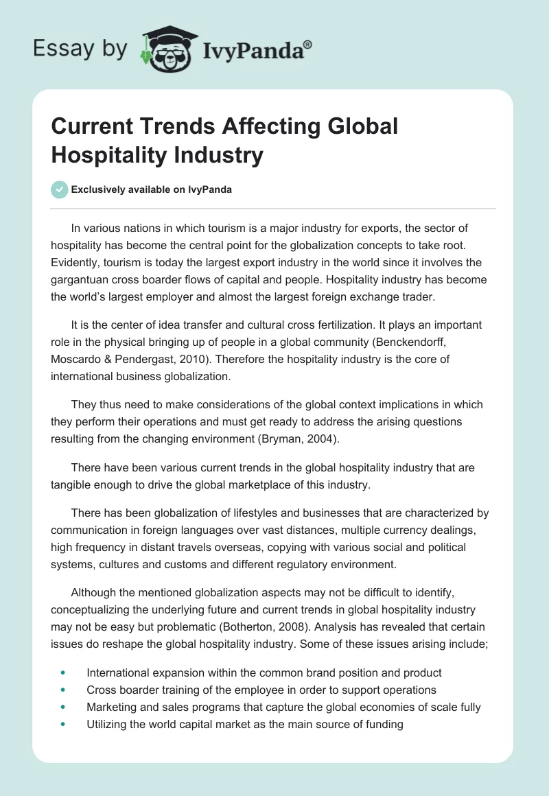 Current Trends Affecting Global Hospitality Industry. Page 1
