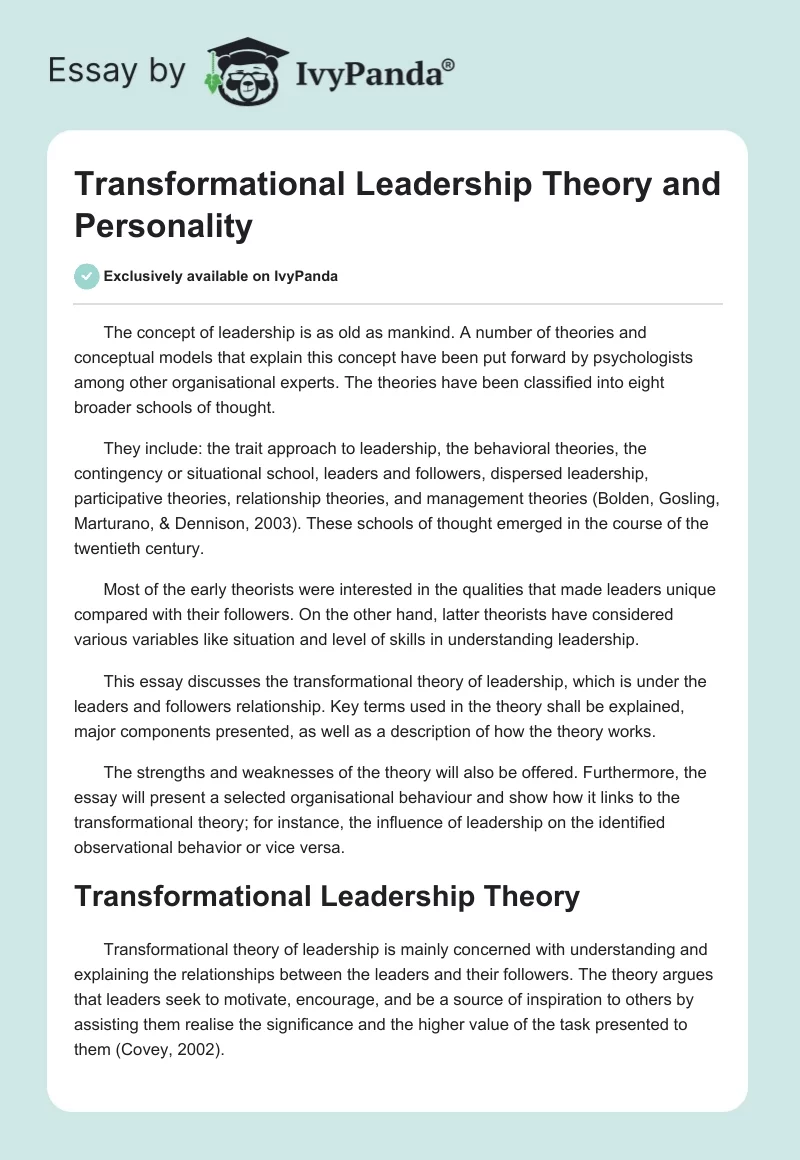 Transformational Leadership Theory and Personality. Page 1