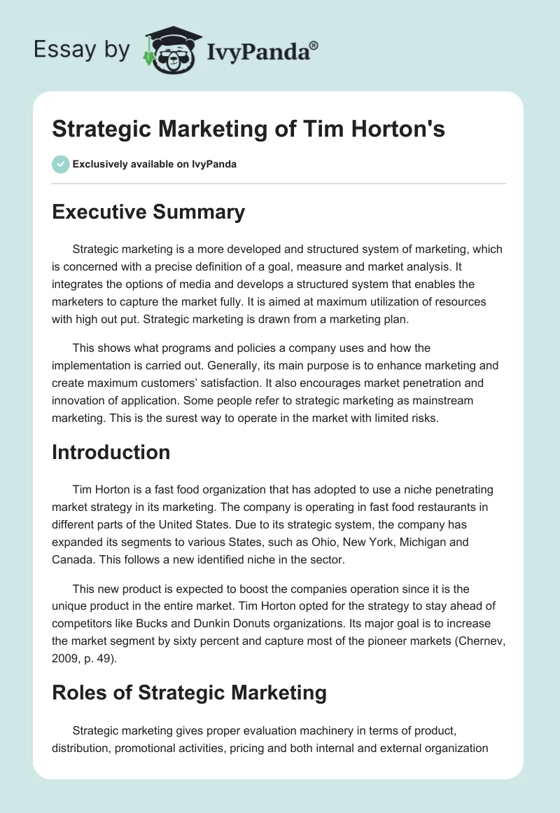 Strategic Marketing of Tim Horton's. Page 1
