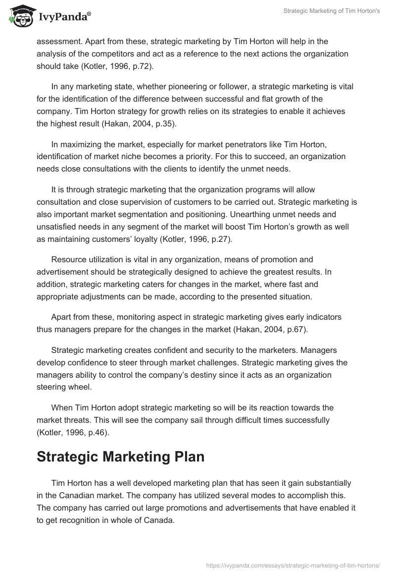 Strategic Marketing of Tim Horton's. Page 2