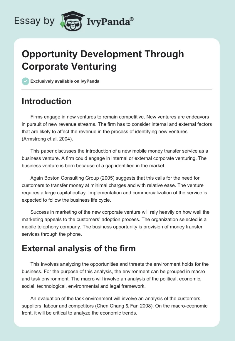 Opportunity Development Through Corporate Venturing. Page 1