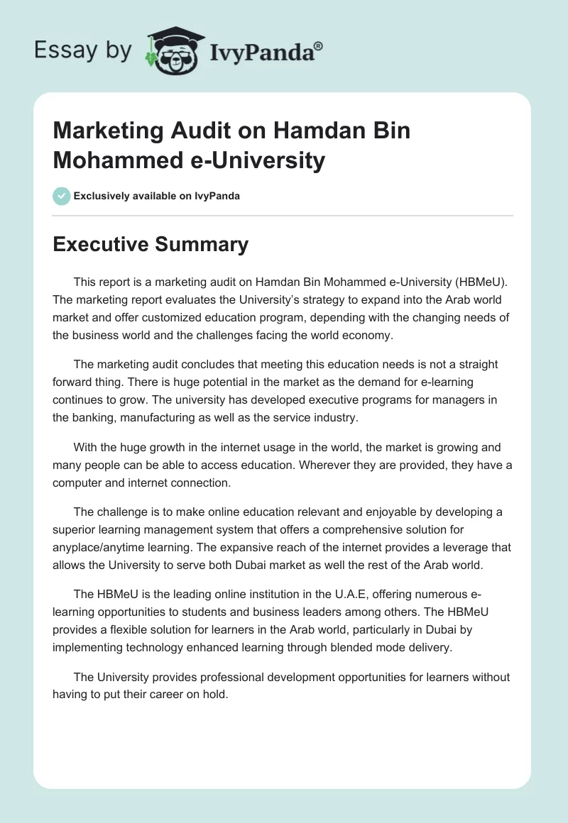 Marketing Audit on Hamdan Bin Mohammed e-University. Page 1