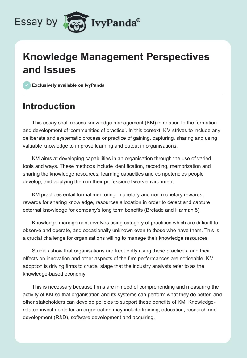 Knowledge Management Perspectives and Issues. Page 1